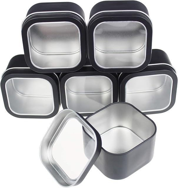6-Pack Empty 240ml Square Metal Tins with Clear Window for Candle Making, Candies, Gifts & Treasures, Black
