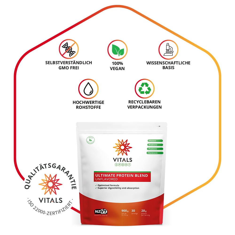 Vitals - Ultimate Protein Blend Standbeutel 900 Gramm. Einzigartige Mischung aus fermentiertem Molkenprotein, ergänzt mit speziell ausgewählten Prä-, Pro- und Postbiotika.