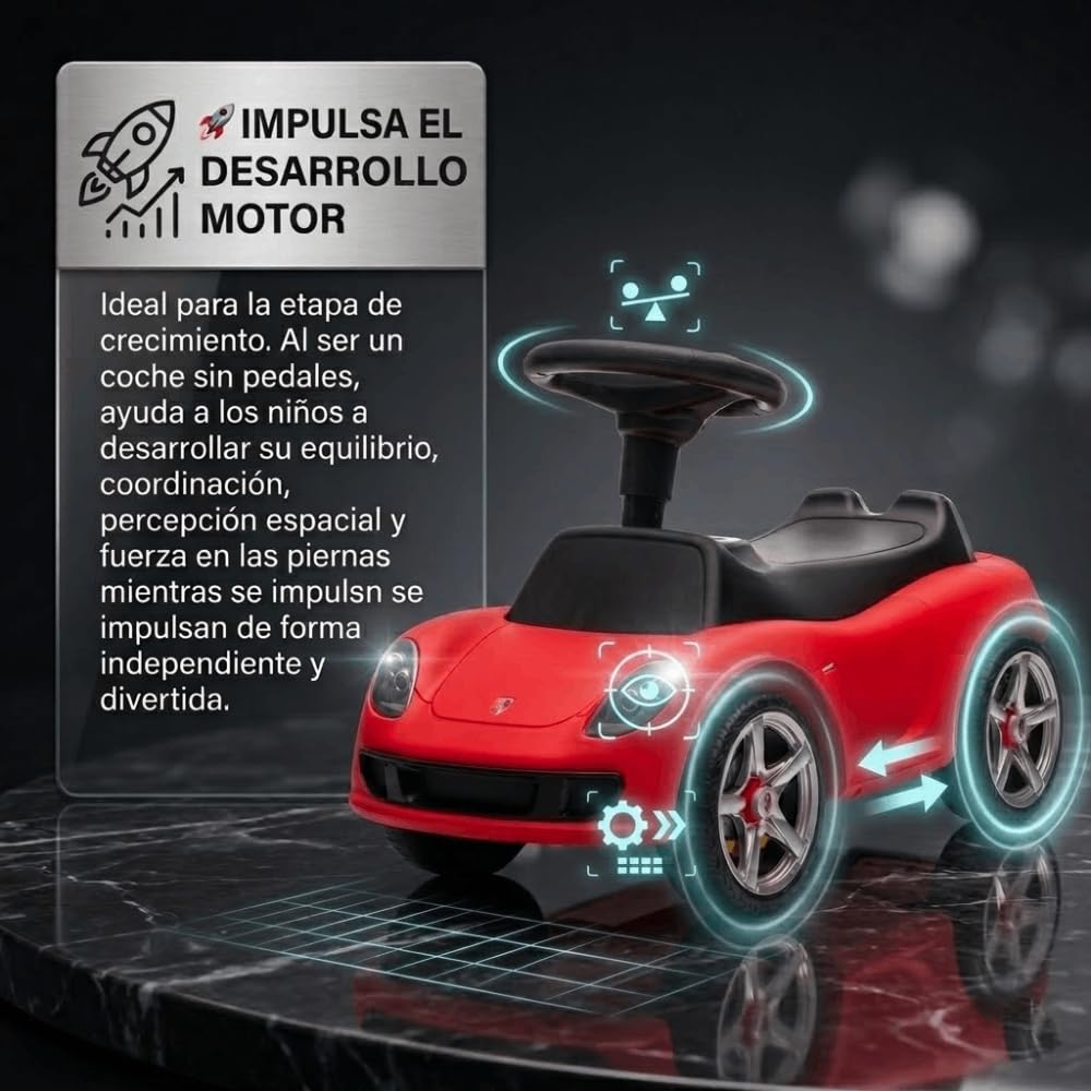 Correpasillos Porsche Infantil - Coche de Juguete Deportivo sin Pedales para Niños y Bebés, Asiento Ergonómico, Ruedas Silenciosas, Juguete para Desarrollo Motor (63,6x28x39 cm) (Rojo)
