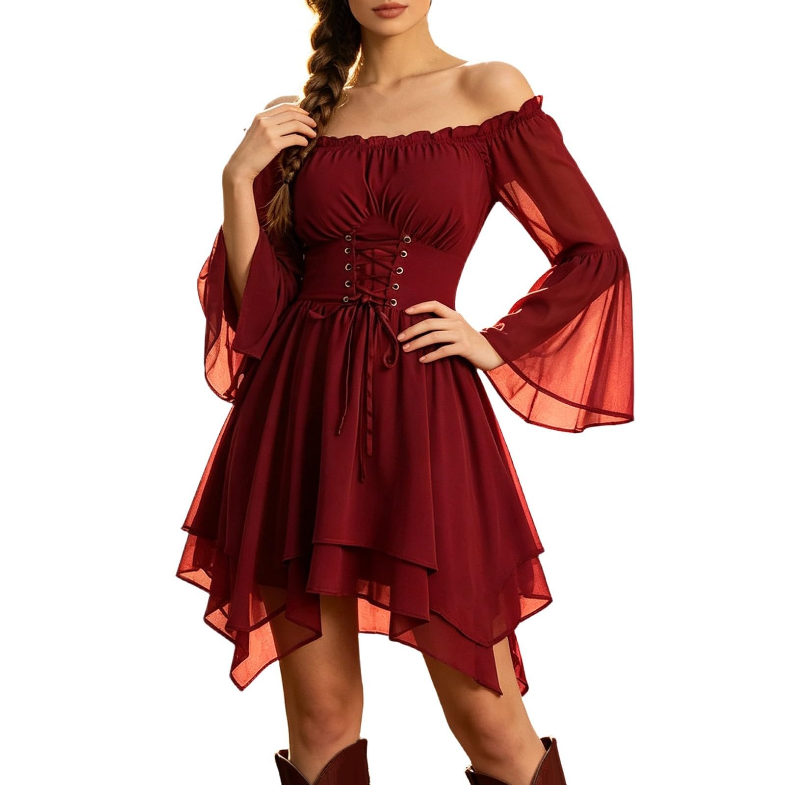 White Pirate Dress,Womens Pirate Costume Adult Medieval Short Dress Sexy Off Shoulder Asymmetrical Hem Pirate Dress Renaissance Steampunk Style Halloween Cosplay Carnival Costume
