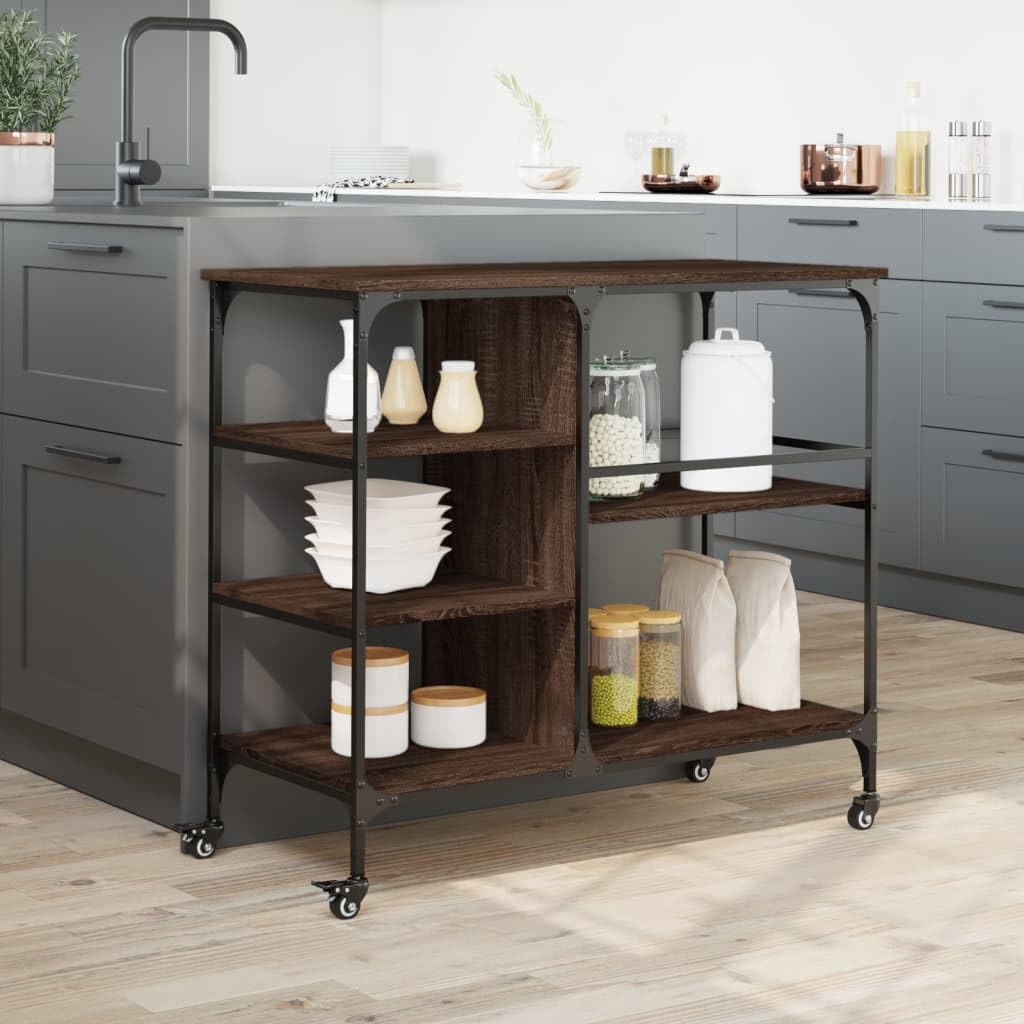Carrello da cucina con ruote in legno e acciaio