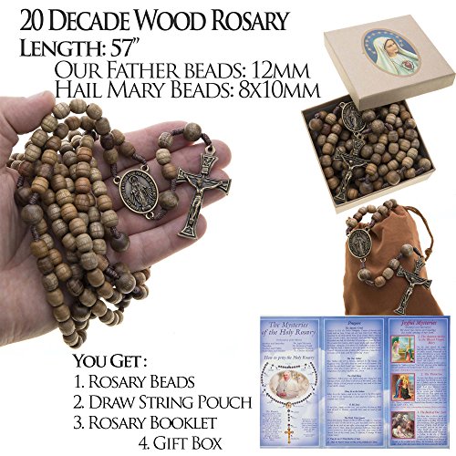 20 Decade Full Catholic Rosary 10-12mm Wood Beads 57" Long on Strong Cord Metal Miraculous Medal Center & Crucifix3