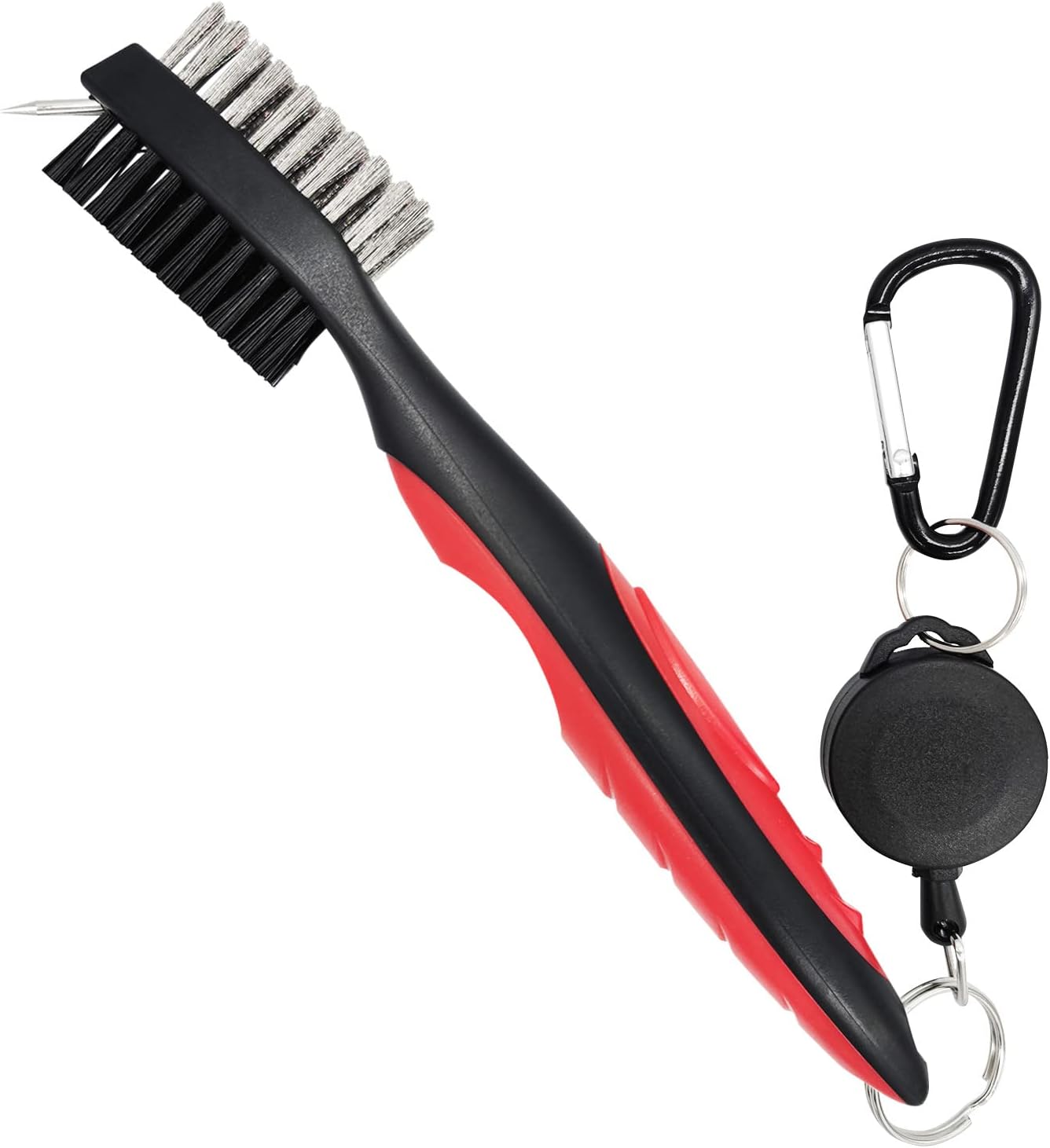 Lightweight Portable Golf Club Brush and Groove Cleaner Dual Sided Nylon and Steel Brush with Cleaning Spikes, Retractable Cord and Carabiner