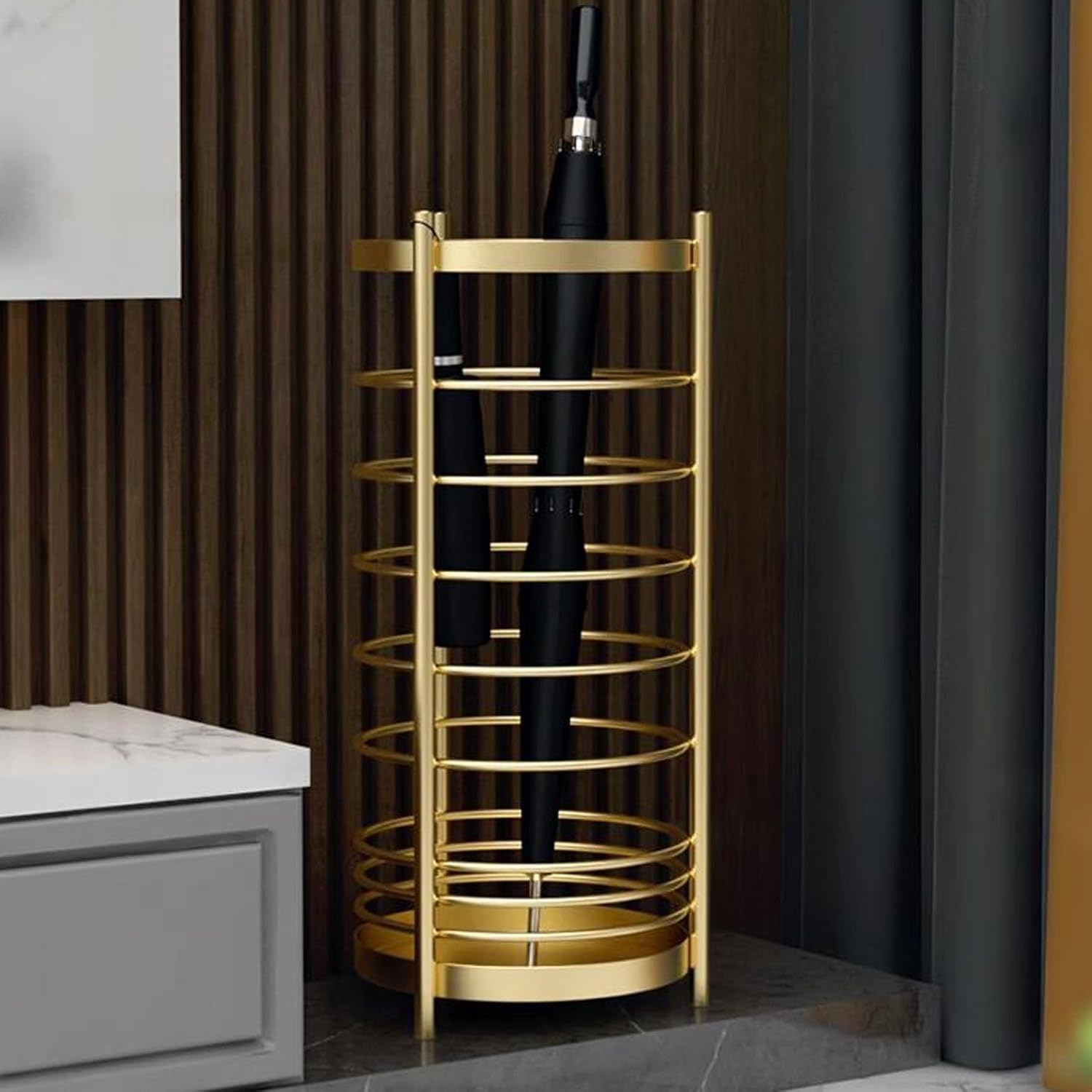 Umbrella Stand, Round Metal Holder for Entryway, Free Standing, Antique Gold Finish, 58 cm, with Removable Drip Tray (Gold)-picture-32