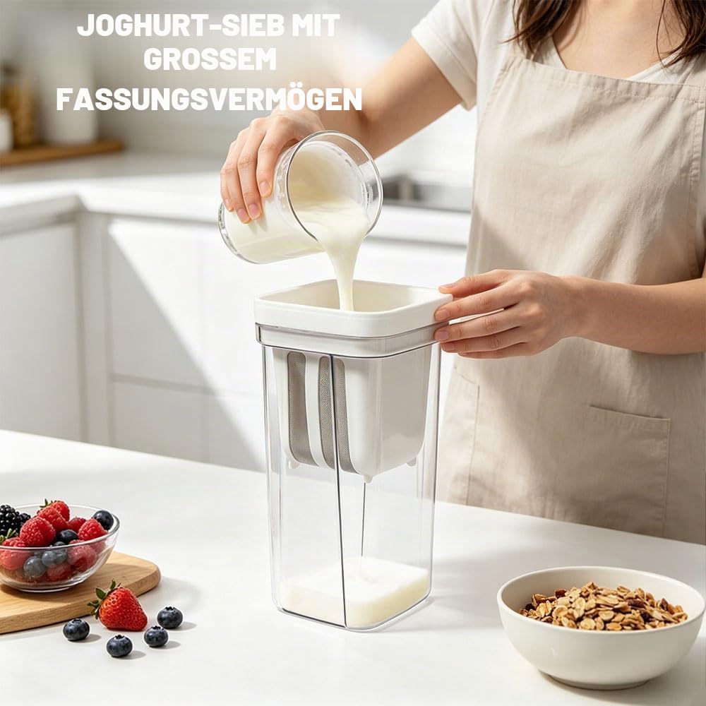 Griechischer Joghurt Sieb Feine Filtersiebe Joghurt Sieber mit Deckel 2000ML Griechischer Naturjoghurt Sieb für Herstellung dicker Naturjoghurt Sojabohnenmilch (Weiß)