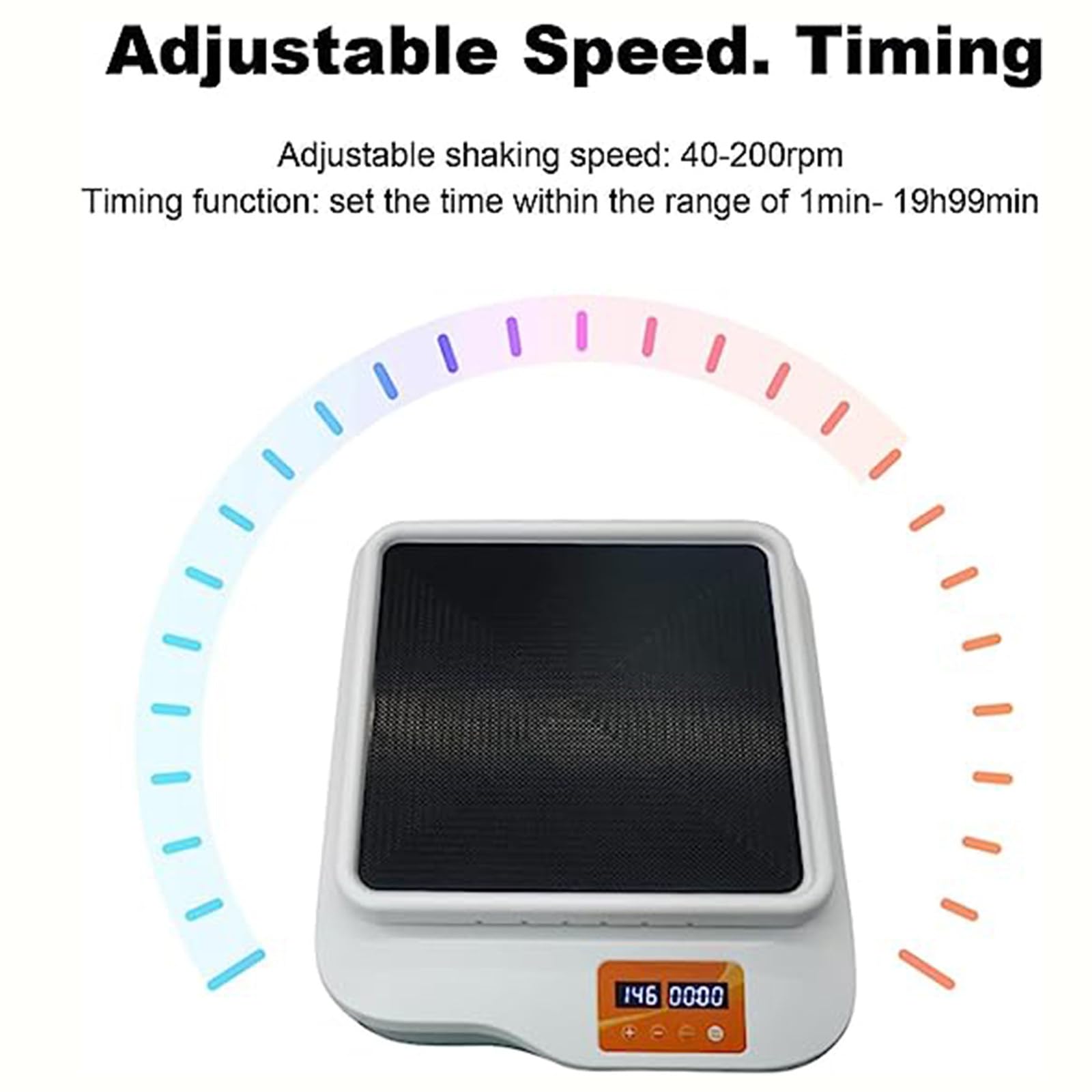Agitador orbital digital, velocidad ajustable 40-200 RPM, capacidad de 2 kg, modos continuo y temporizador, pantalla LCD para control de velocidad y tiempo