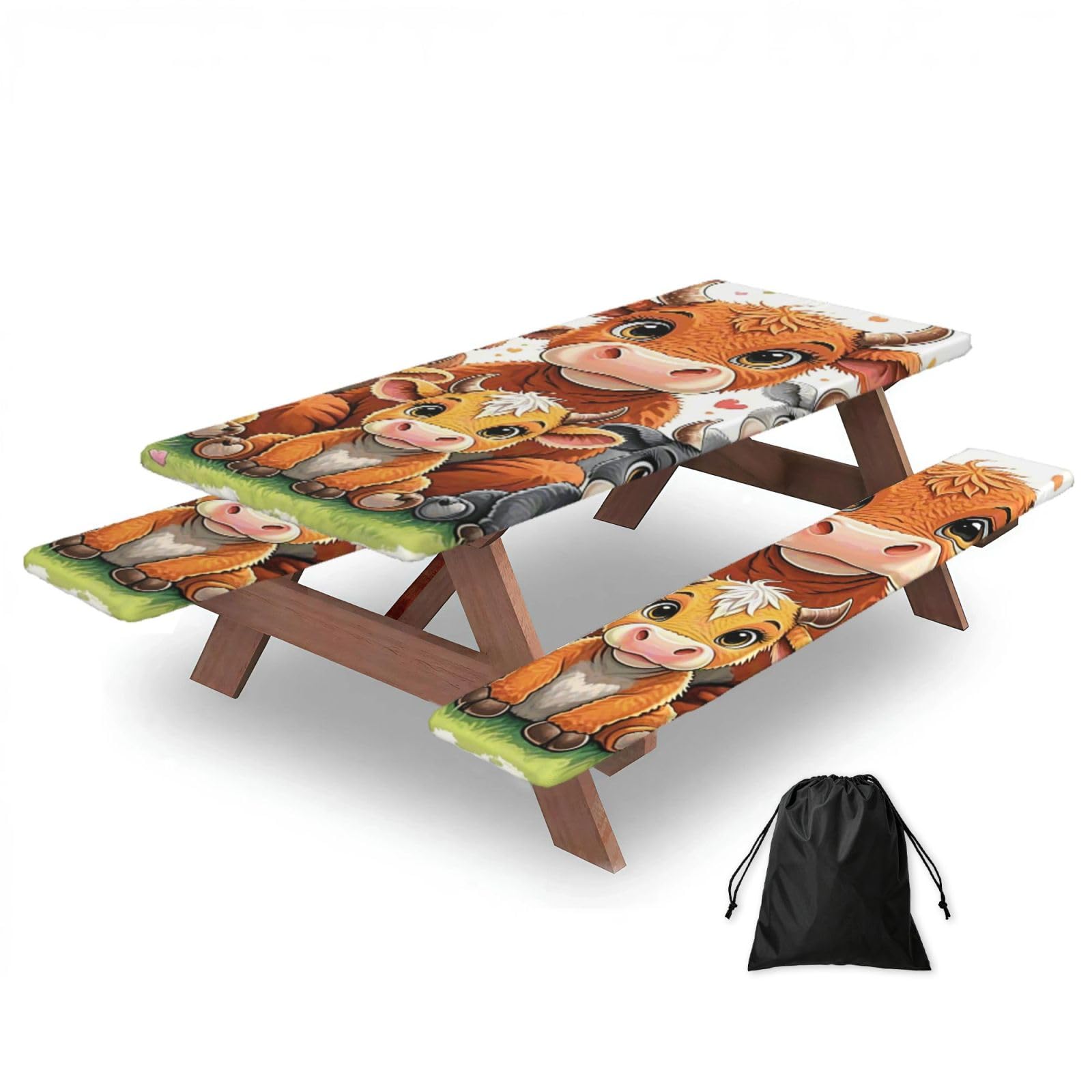 FekiLoot Cow Picnic Table Cover with Bench Covers and Bag, Windproof Waterproof Rectangle Tablecloth with Elastic Edges Fitted Camping Table Covers Portable Camping Accessories