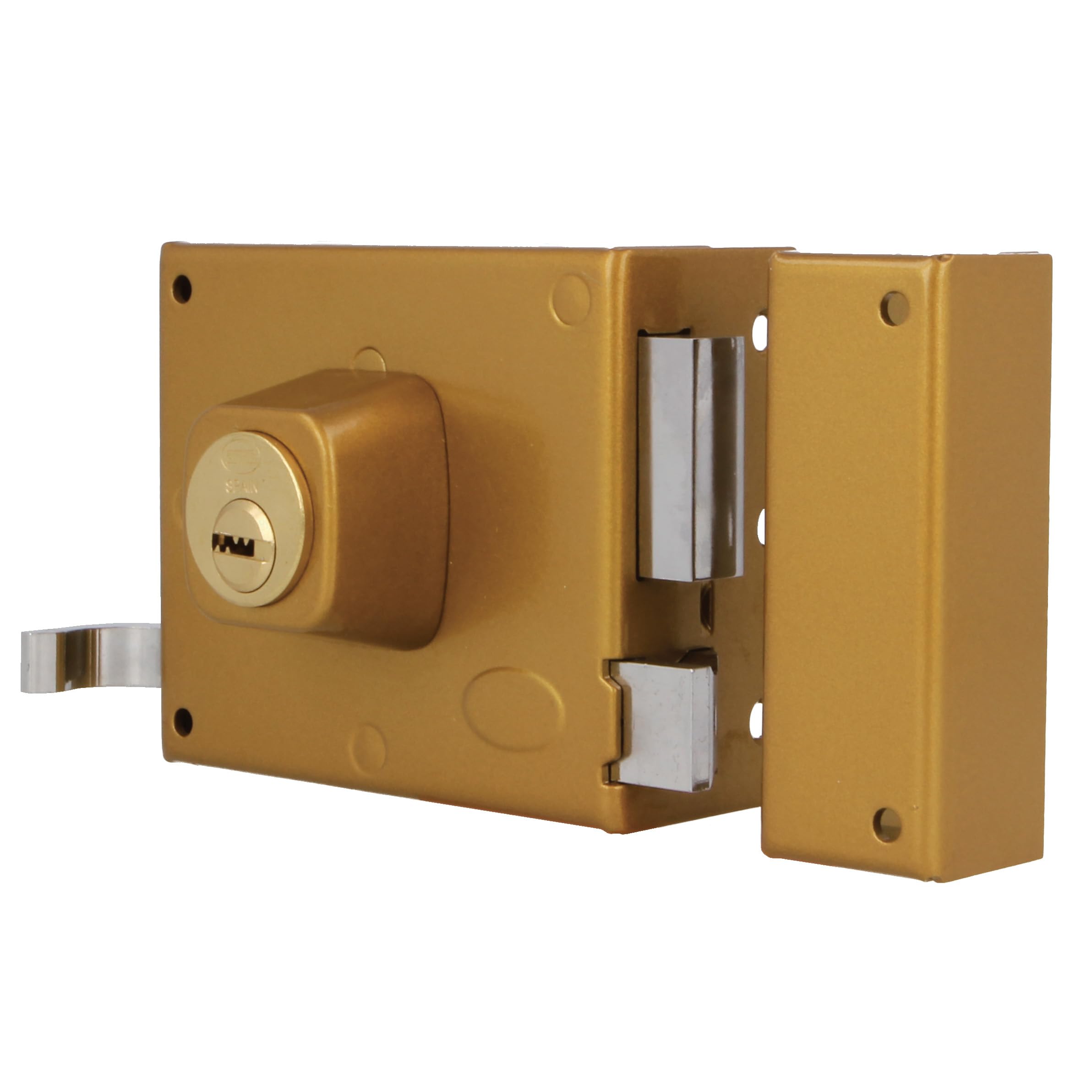 Amig - Cerradura de Sobreponer de Derecha con Palanca de Cierre, Lengüeta y Tirador para Puertas de Madera Mod. 72-100 x 85 mm - Pestillo Con Cilindro Redondo - Acero Esmaltado Oro