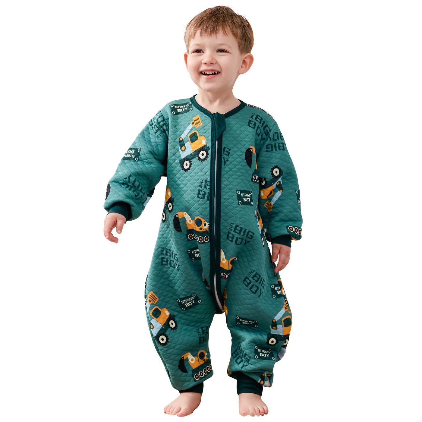 LILBESTIE Sacco a pelo per Bambini, in Morbido Cotone con Piedini da 1,5 TOG, Coperta Indossabile con sacco a Maniche Lunghe, per Tutte le Stagioni, Escavatore