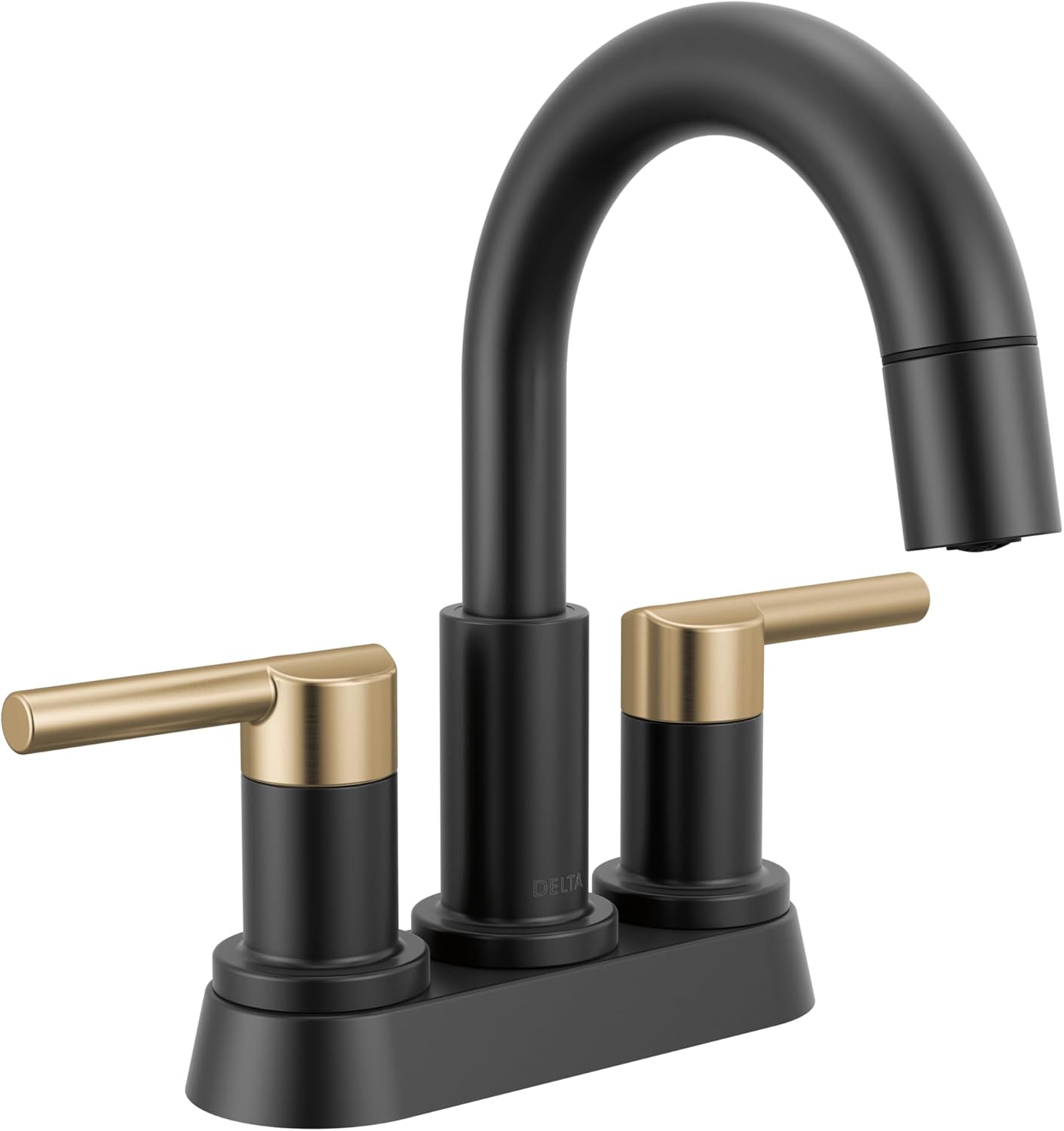 Delta Nicoli Centerset Matte Black/Brushed Gold Bathroom Faucet with Sprayer, 4 Inch 3 Hole Bathroom Sink Faucet with Pull Out Sprayer, Push-Pop Drain, Matte Black/Champagne Bronze 25749LF-GZPD