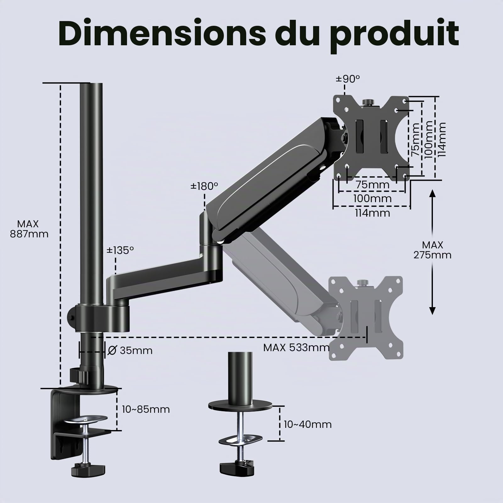 PUTORSEN Support Ecran PC, Bras Ecran pour Écran LCD/LED 17-32 Pouces (88.7cm de Altura Ajustable), Charge maximale 9kg, VESA 75/100