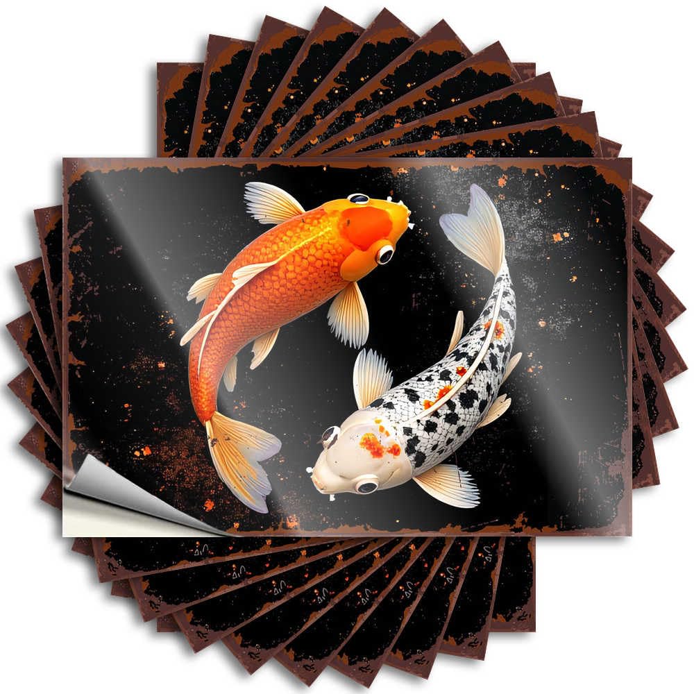 Tattoos Mens Room Accessories | Vintage Helmet Two Colorful Koi Fish Swimming in Harmony for Adult(8X12CM)