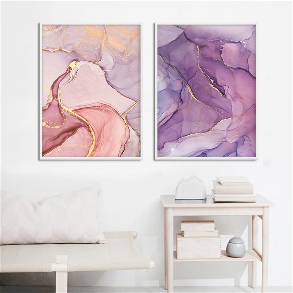 WBYZAC 2 Pieces Poster-Pink Purple Golden Marble Wall Poster Abstract Flower Canvas Print Painting Nordic Picture Modern Office Bedroom Home Room Decoration-60 * 80cm (No Frame)