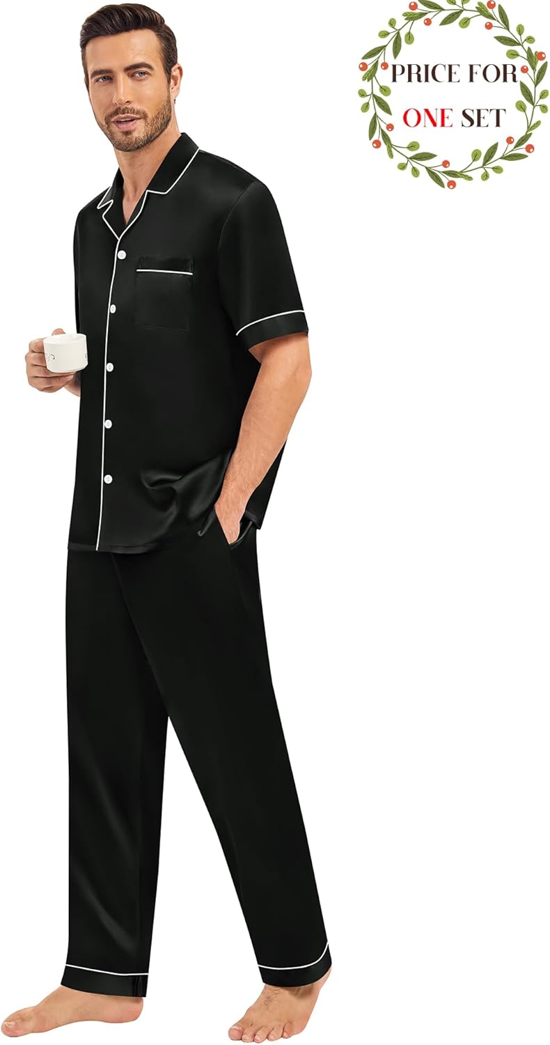 SWOMOG Matching Pajamas for Couples Satin Short Sleeve Sleepwear Women/Men Silk Soft Button Down Nightwear 2 Pcs Loungewear - Image 7