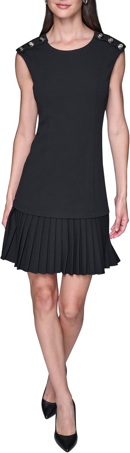 Karl Lagerfeld Women's Crew Neck Buttons on Shoulder Pleated Skirt Scuba Crepe A-line Dress - Image 2