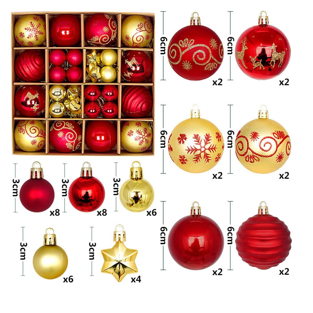 44 esferas decorativas colgantes para árbol de Navidad, decoraciones de árbol de Navidad inastillables para colgar al aire libre, patio, césped (rojo y dorado, 1.2 a 2.36 pulgadas)