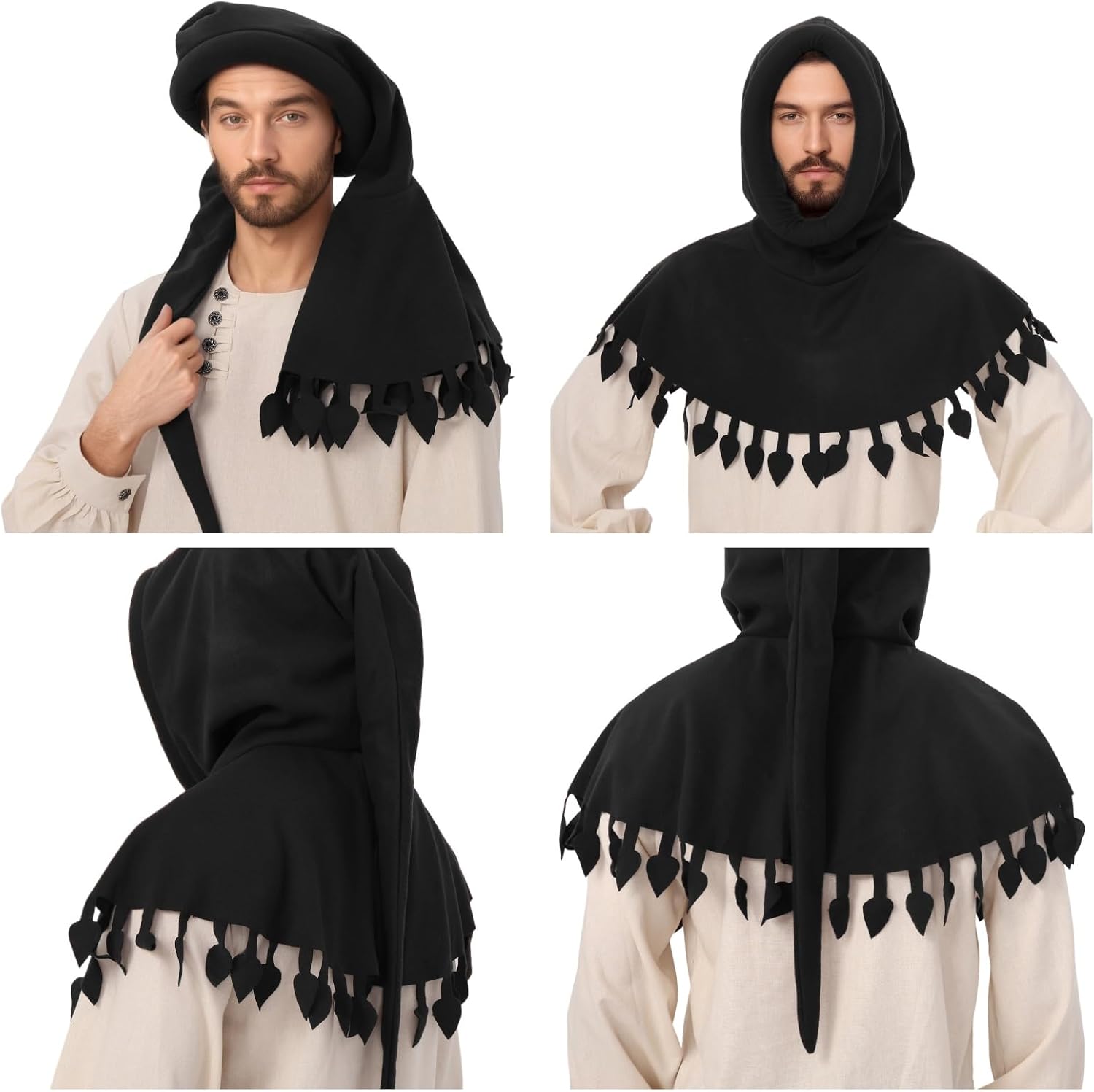 Mens Chaperon Hat Liripipe Hood Medieval Cap with Rolled Brim Renaissance Ren Faire Festival LARP Accessories