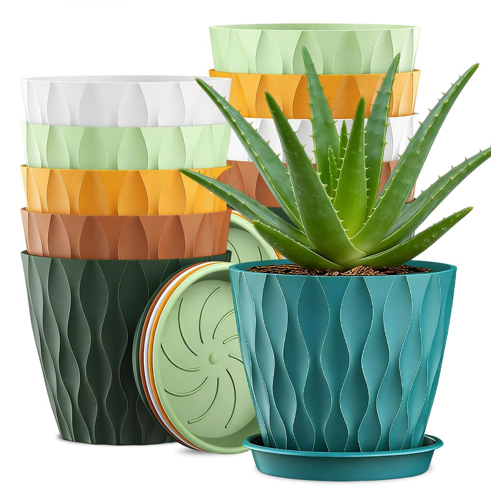Weciau Plant Pots Indoor, 12Pack 10cm Multicolor Flower Pots with Drainage Holes and Saucers, Wave Pattern House Plant Pots for Flowers Herbs Succulents Cactus