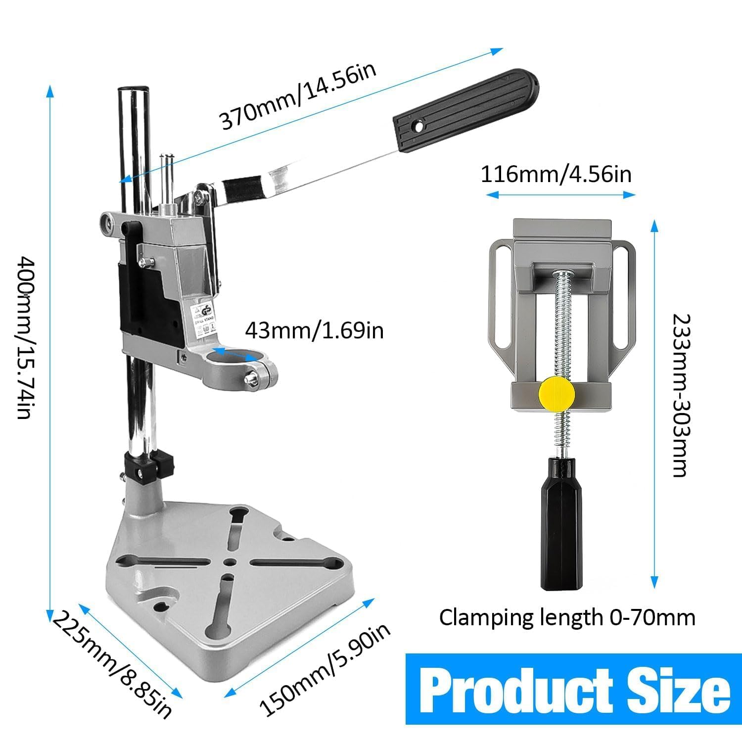 Colonne de support de Perceuse Réglable avec Mâchoires Plates, Support à Outils Robuste pour Perceuse - Diamètre de Serrage de 43 mm pour un Perçage Précis