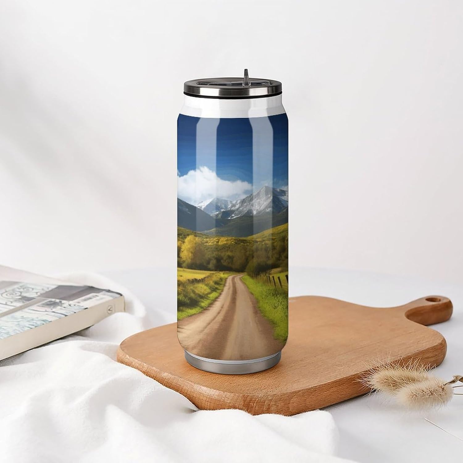 Stainless Steel Cups Countryside Road Printed Coke Cup Stainless Steel Insulated Cups with Lid And Straw