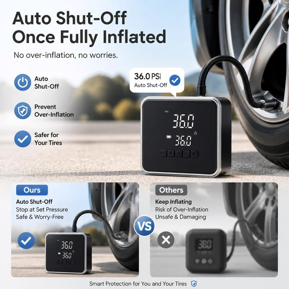KinZon Gonfiatore Pneumatici Auto 150 PSI, Mini Compressore D'Aria Portatile Ricaricabile Senza Fili e 12 V, Spegnimento Automatico, Schermo Digitale, Lampada LED per Auto, Moto, Bicicletta