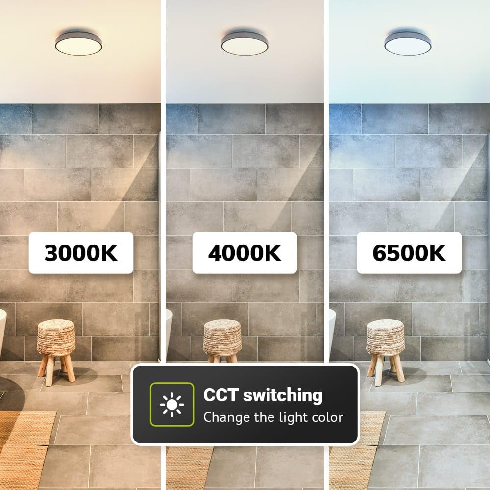 HOFTRONIC - LED Deckenlampe Badezimmer Schwarz 35 cm - Ultra Flach - 24 Watt Dimmbar mit Fernbedienung - CCT 3000K, 4000K, 6500K - IP44 Wasserdicht - Deckenleuchte Plafonniere