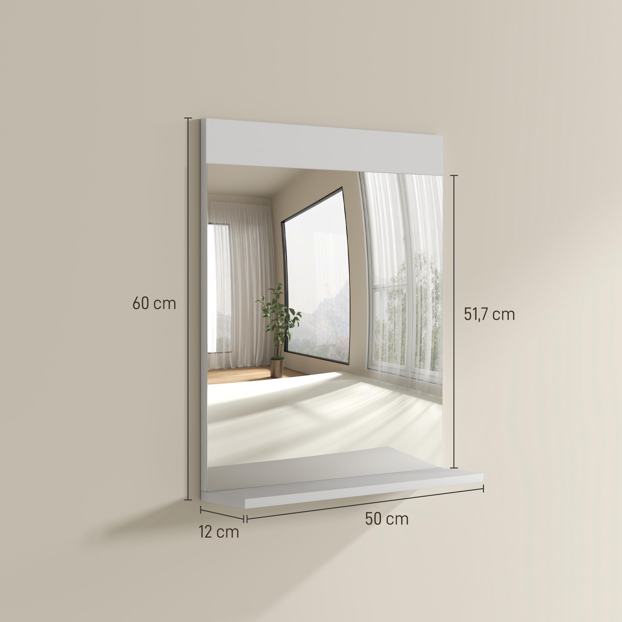HOMCOM Espejo de Baño con Estante Abierto 50x12x60 cm Blanco | Espejo de Pared, para Entrada Pasillo