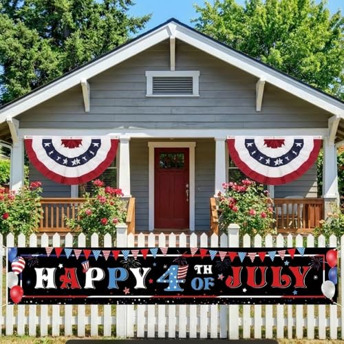 Image of Tiamon 3 Pcs Patriotic Decorations 4th of July Banner with Bunting Fan Flags Red White and Blue Pleated Half Fan Banner American Flag Backdrop for Independence Memorial Day Party Supplies Outdoor
