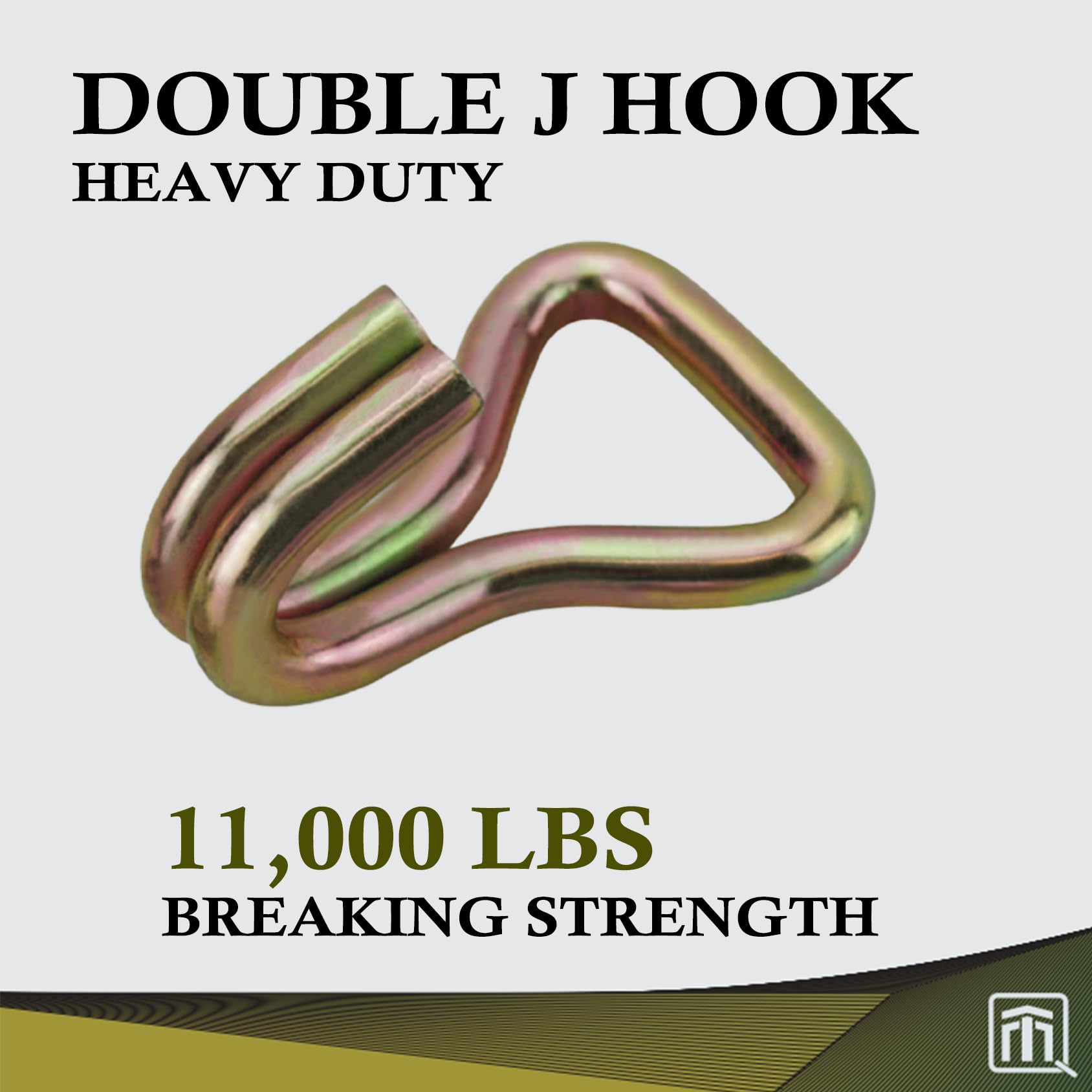QTM Heavy Duty 4-Pack Golden Zinc Double J Hooks - 2 inch Wide, 11,000 lbs Breaking Strength, Best for Car, Truck, Trailer Tie Down Straps - Strap Hooks