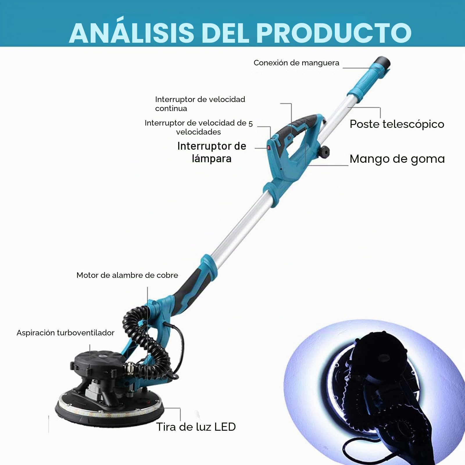 Lijadora De Pared 1800w, Lijadora Jirafa, con Aspiradora E Iluminación Led, 5 Velocidades Ajustables,con Cable De 2m, para Lijar Techos Y Paredes
