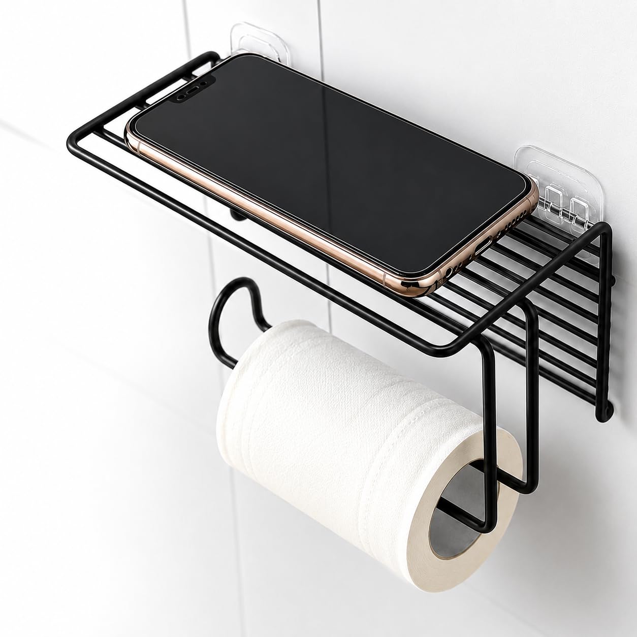Zollyss 1 Pc Adhesive Toilet Paper Holder with Shelf Tissue Paper Roll Towel Holder Storage Rack - (Standard Size, Black)-image-46