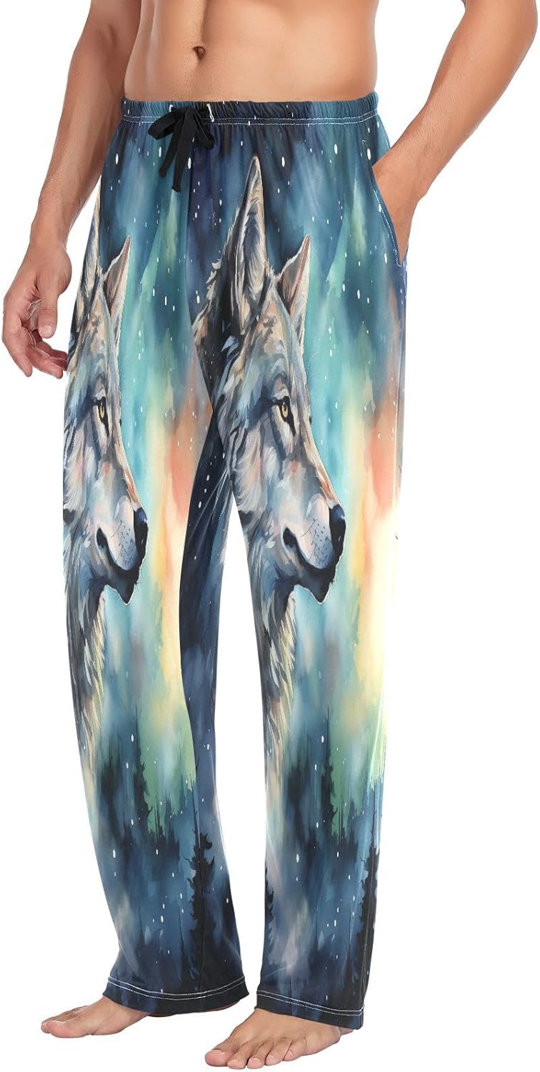 ALAZA Wolf Starry Sky Galaxy Men's Pajama Pants Men Cotton Pajama Bottoms with Pockets, S