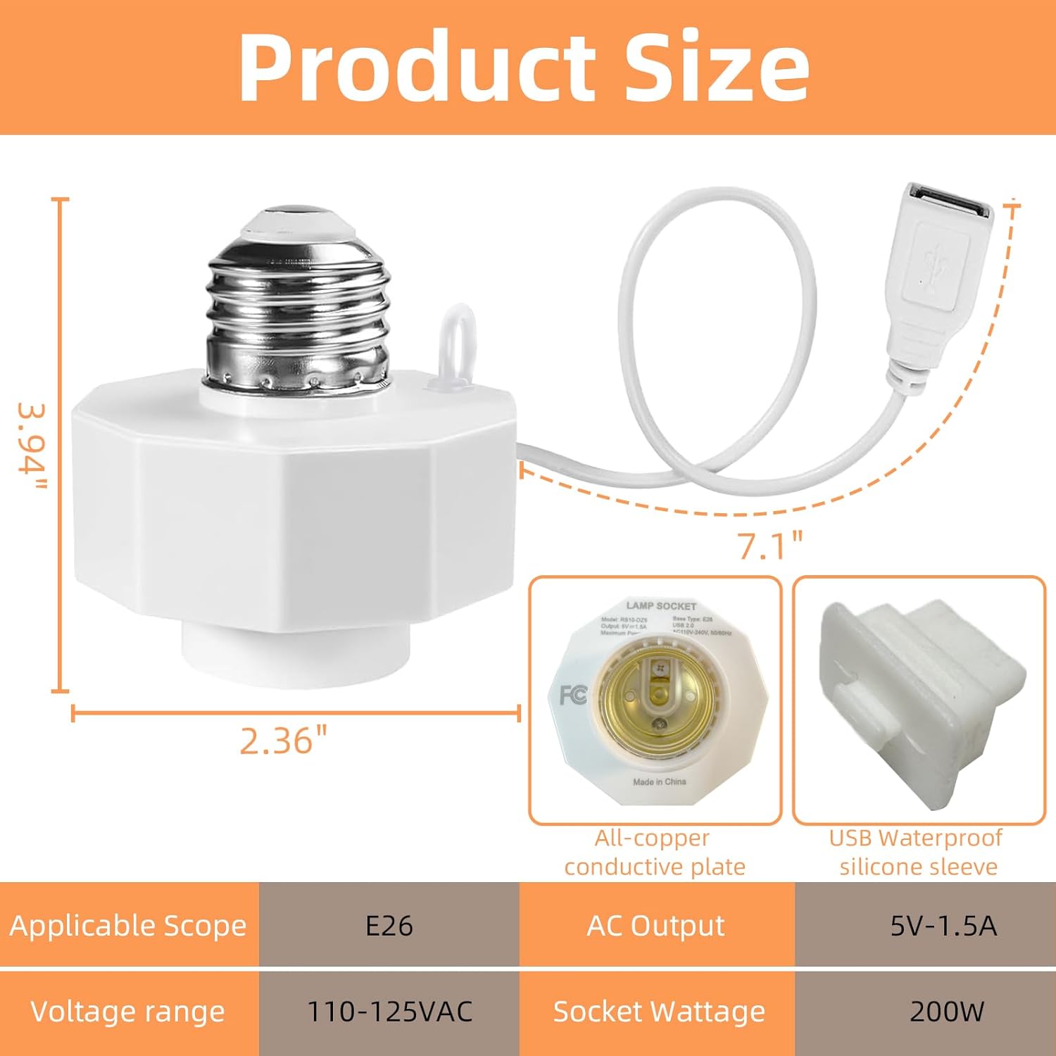 1Pack Light Socket Power Adapter for Wyze Cam v3/v4/v3 Pro/OG,Wyze Cam Pan v3, Blink Mini,E26 Socket USB Adapter 5V 2A for Security Camera,LED Strips Outdoor Indoor