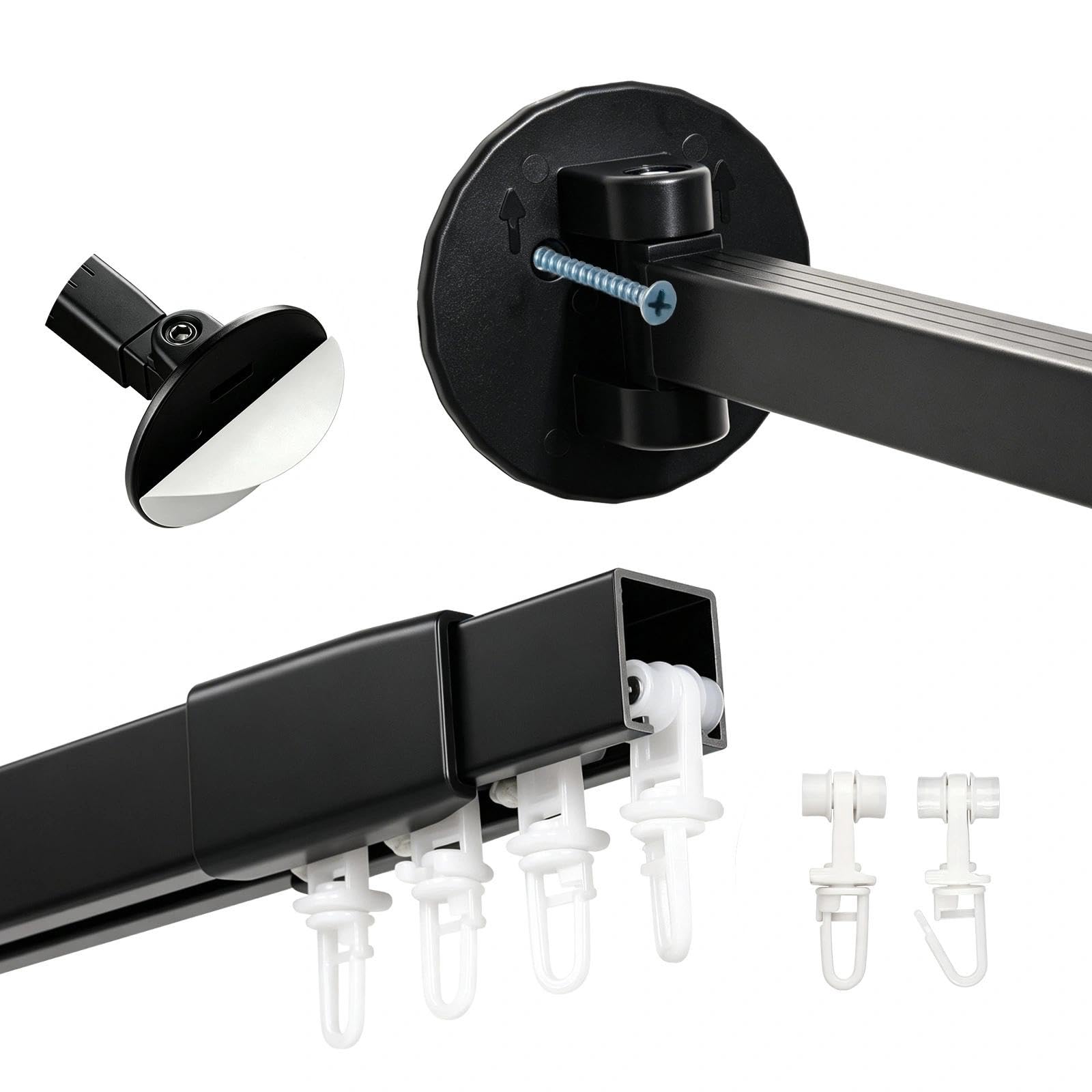 Black Adjustable Curtain Track 150-220 cm Curtain Rail with Mute Rollers No Drill self-adhesive or Screw Installation Rod for Window, Shower, Closet, RV, Renter Friendly