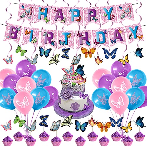 44 Pcs Butterfly Birthday Party Decorations Set, 1 Happy Birthday Banner Garland, 13 Cupcake Toppers, 18 Balloons ,12 Spiral for Kids Family Birthday Party Supplies