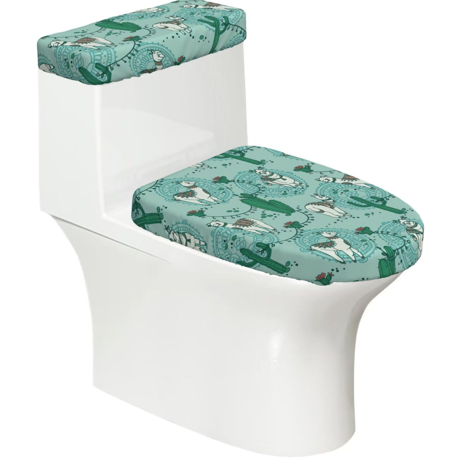 Llama Alpaca Green Print Bathroom Decor Toilet Lid Cover And Tank Covers, Restroom Accessories Fits Most Round