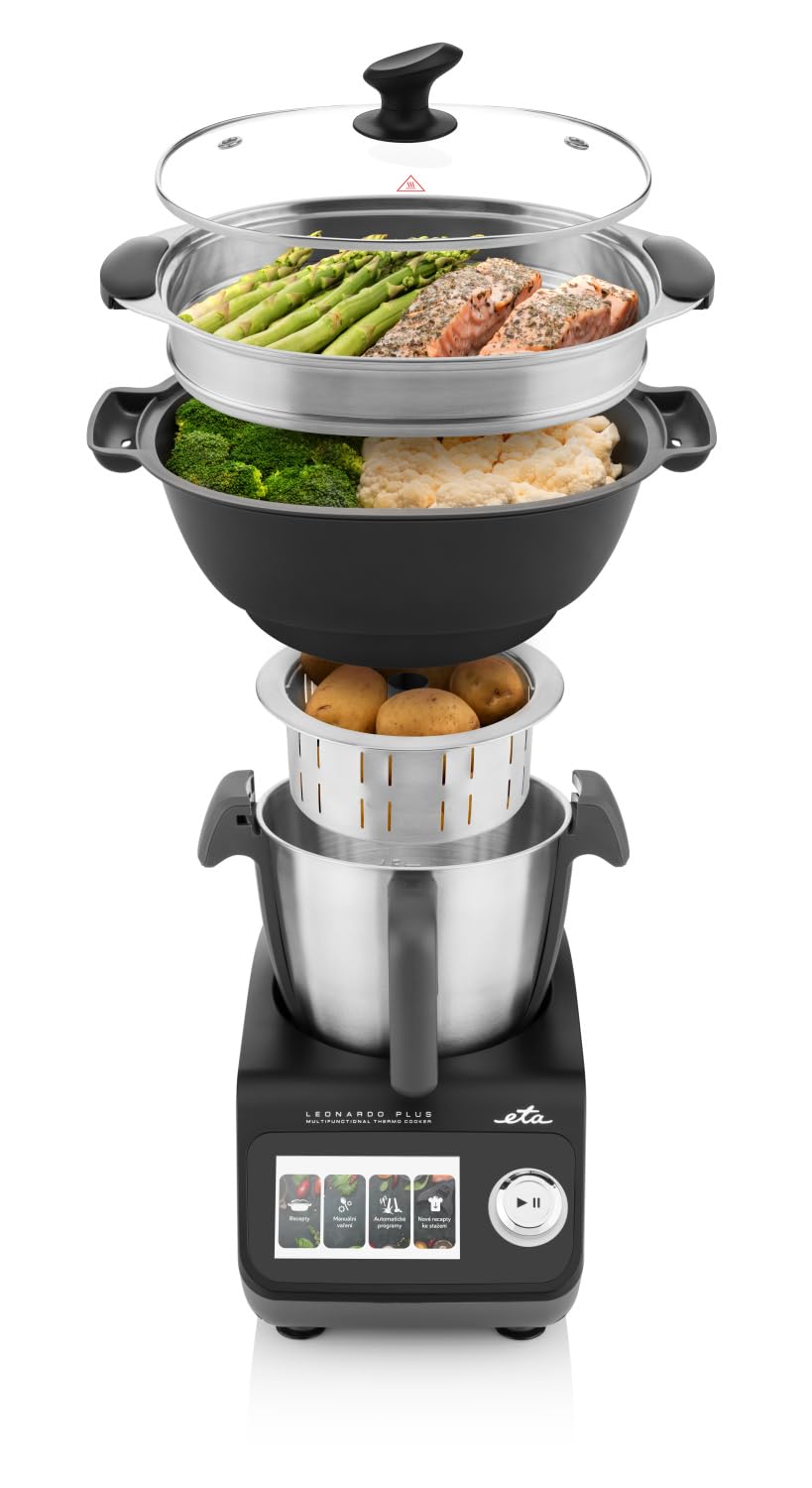 ETA Leonardo Plus, robot da cucina con funzione di cottura e bilancia, cottura a vapore, 1000 W, ciotola in acciaio inox, display LCD con molte ricette integrate, 15 funzioni, colore nero