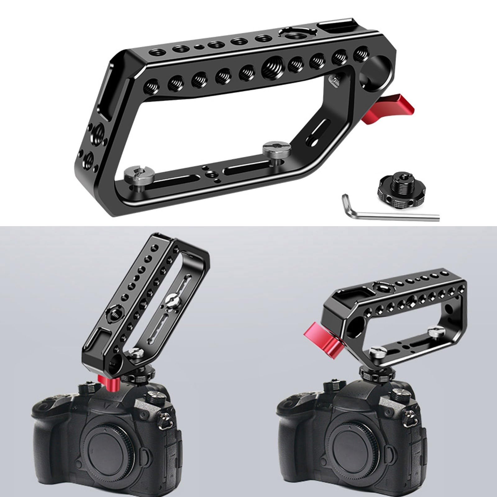 Jaula de cámara DSLR con forma de anillo ergonómico con mango superior y doble ranura de zapata fría de 1/4 orificio de tornillo reforzado jaula de cámara de aleación de aluminio
