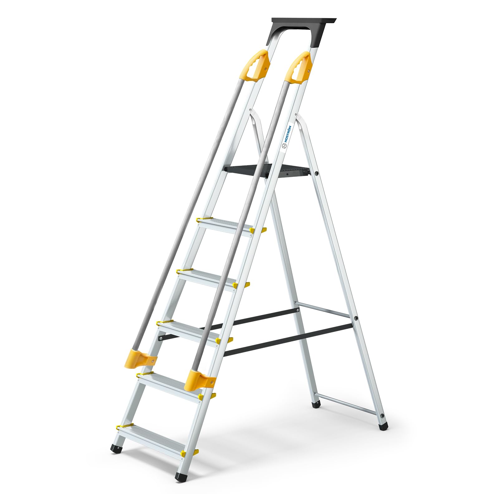 Scala DURAMP 6 gradini con corrimano e vaschetta per attrezzi, leggera e pieghevole, altezza piattaforma 119 cm, 5 anni di garanzia, Hostrom