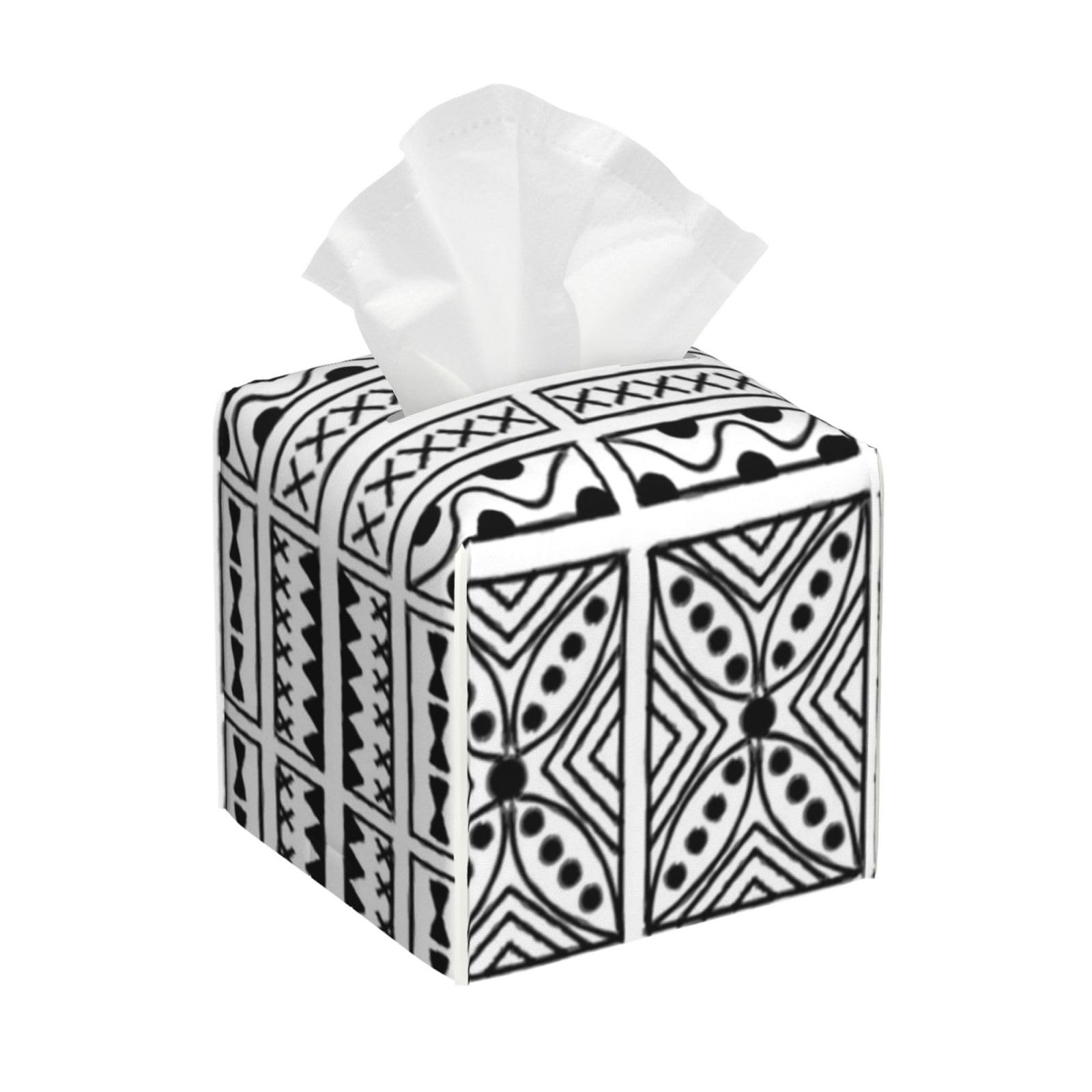 Black and White Geometric Hawaiian Tissue Box Cover 5" Square Leather Tissue Holder Facial Tissue Case for Tabletop Bedroom Bathroom Desk Decor