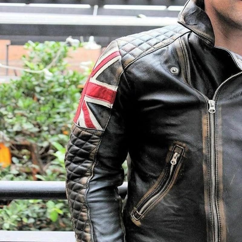 Mens Vintage Cafe Racer UK Flag Quilted Biker Leather Jacket | Motorcycle Jacket for Men