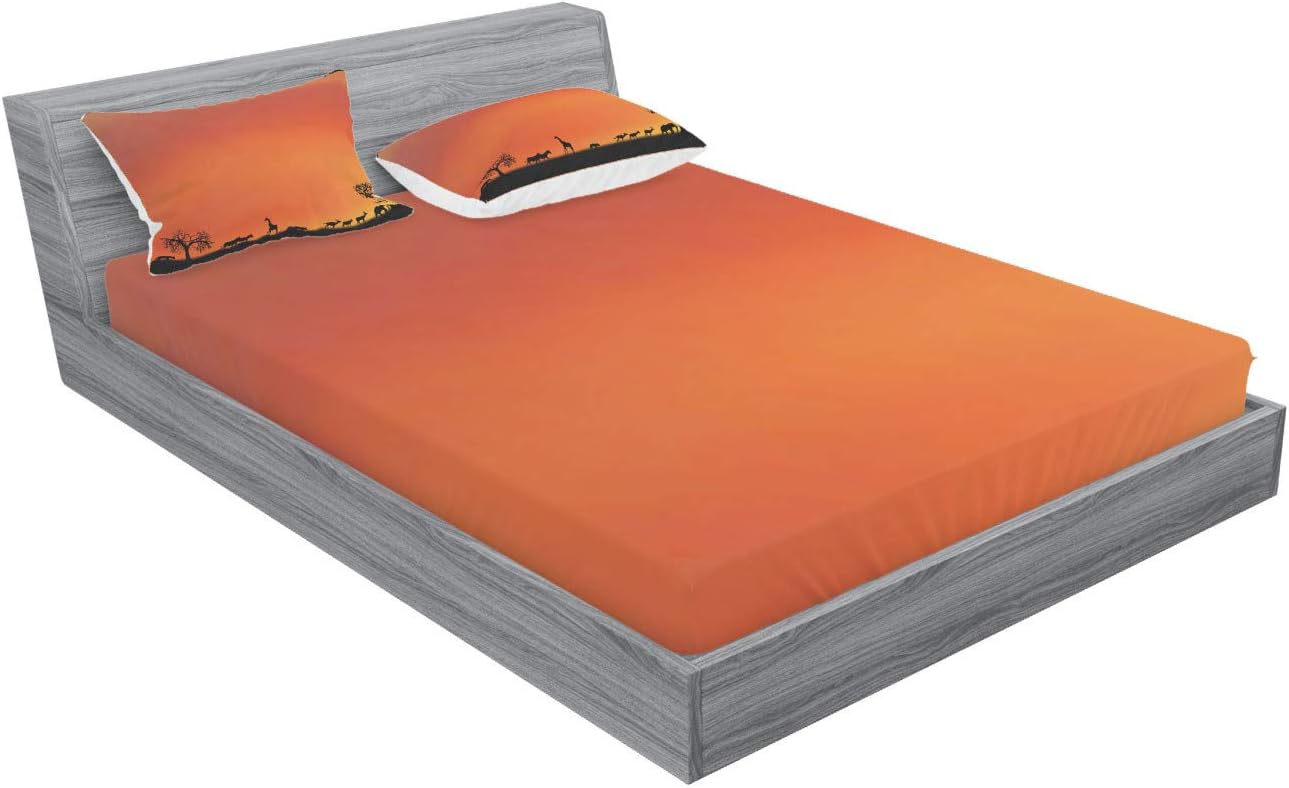 Ambesonne Africa Fitted Sheet & Pillow Sham Set, Panorama of Safari Animals Gulls Reflections in Background at Sunset Scenery, Decorative Printed 3 Piece Bedding Decor Set, Full, Orange Black