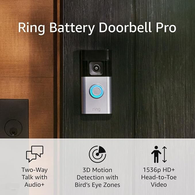 Ring Battery Doorbell Pro (newest model), Two-Way Talk with Audio+, 3D Motion Detection, and 1536p HD+ Head-to-Toe Video
