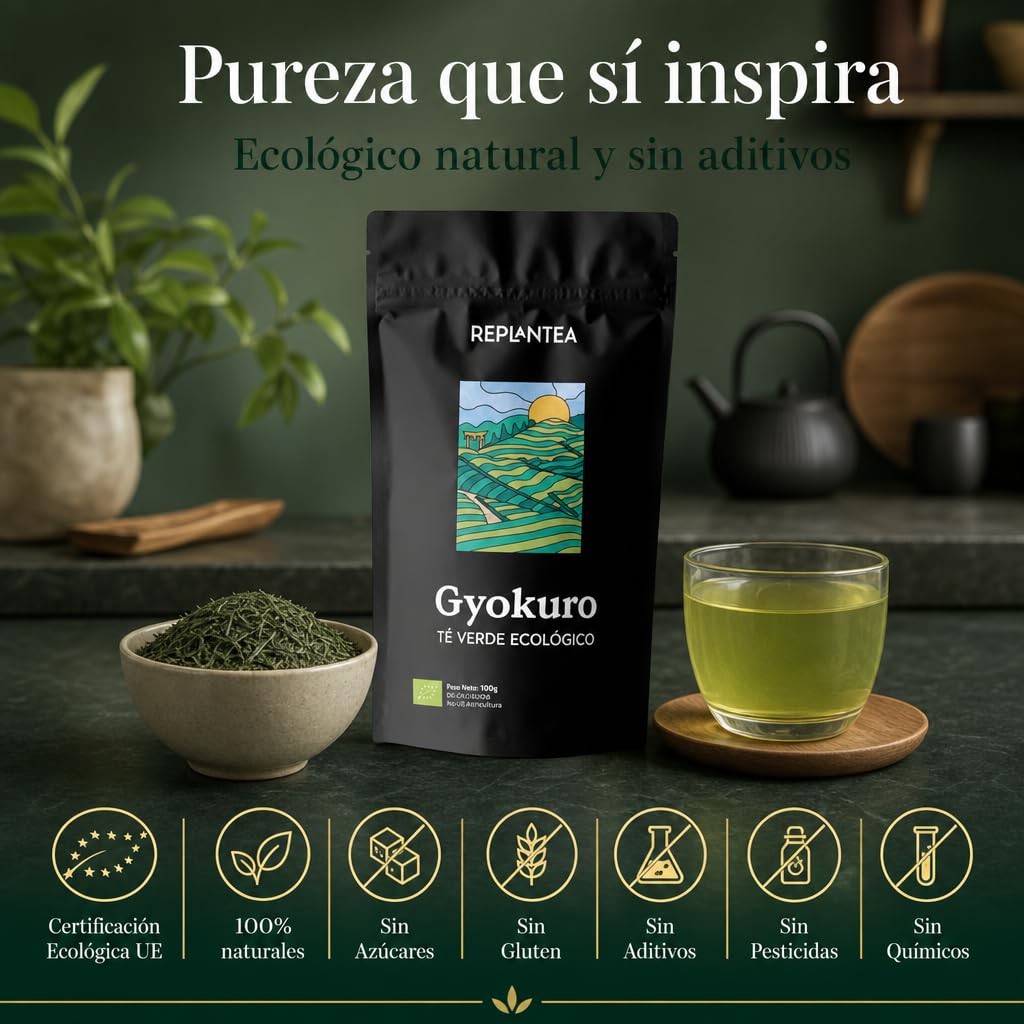 TÉ VERDE GYOKURO JAPONÉS Ecológico 100g (50 Tazas) | Té Gyokuro Premium de Hoja Suelta | Té de Especialidad REPLANTEA