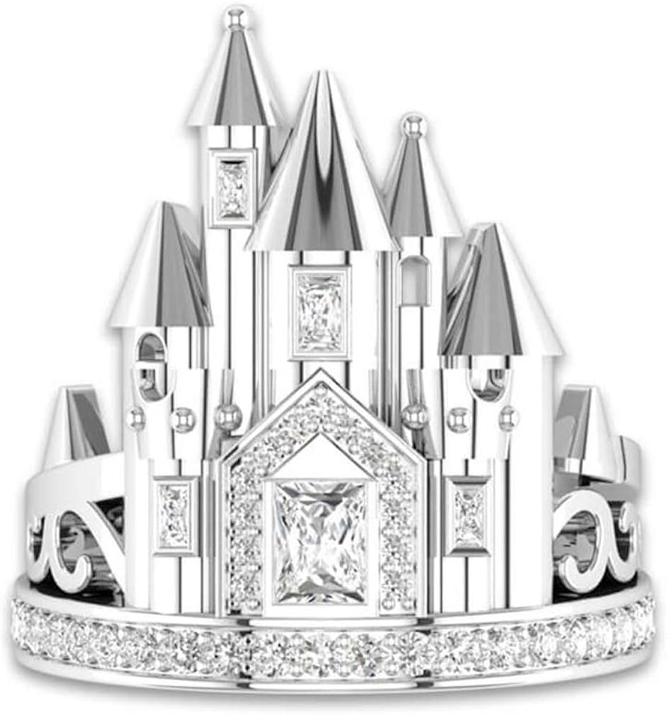 Ai.Moichien Anillos de castillo de topacio blanco, anillo de boda, compromiso, grueso, elegante, chapado en plata, accesorios delicados