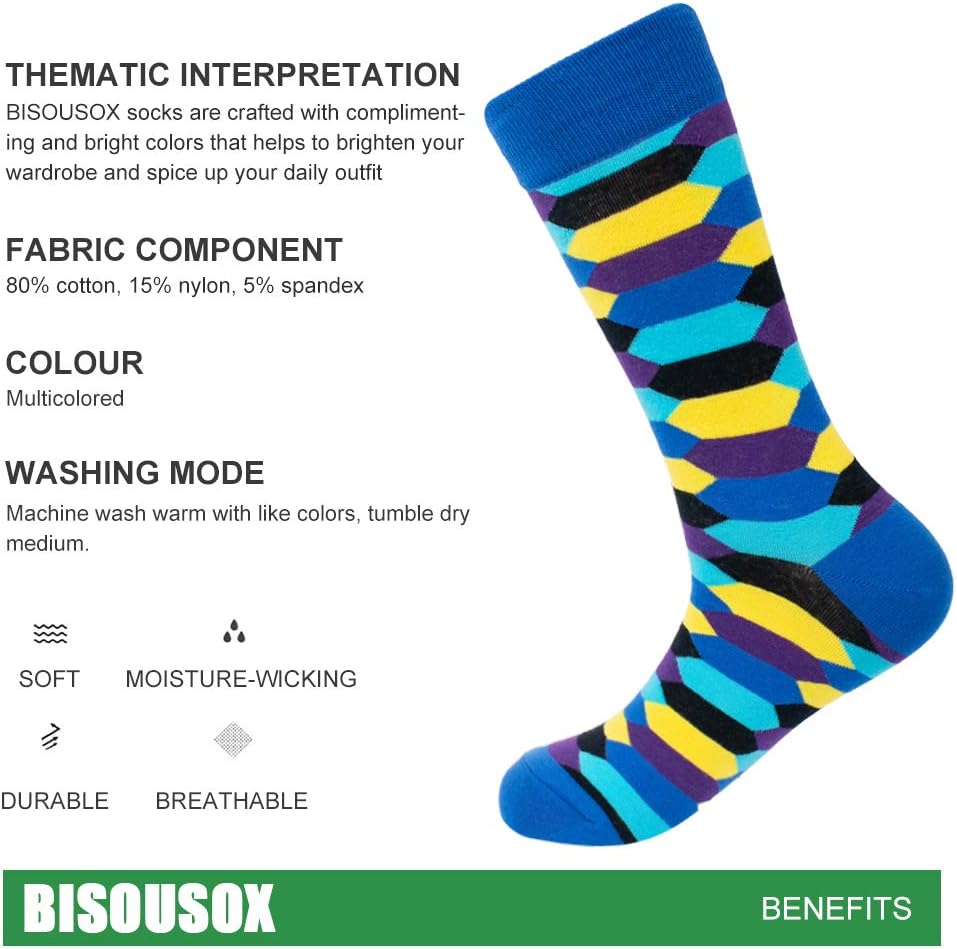 BISOUSOX Mens Dress Socks Funny Fun Colorful Crazy Funky Crew Socks for Men Novelty Happy Cotton Size 9-12 - Image 5