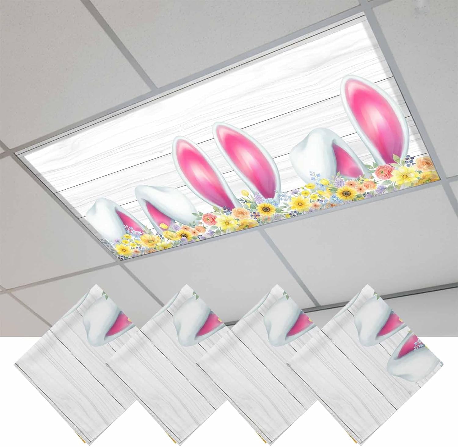 2x4 ft Fluorescent Light Cover for Ceiling Easter Cute Rabbit Ears Flower Magnetic Light Filters, Spring Garden Floral Farm Wood Ceiling Lampshades for Home School Office 4Pcs