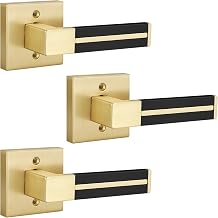 EHOMEWARE 1 Pack Satin Brass Door Handles with Single Deadbolt, Black Leather Door Knobs Interior, Keyed Door Lever, Heavy Duty Square Door Handles, Reversible for Left/Right Handed