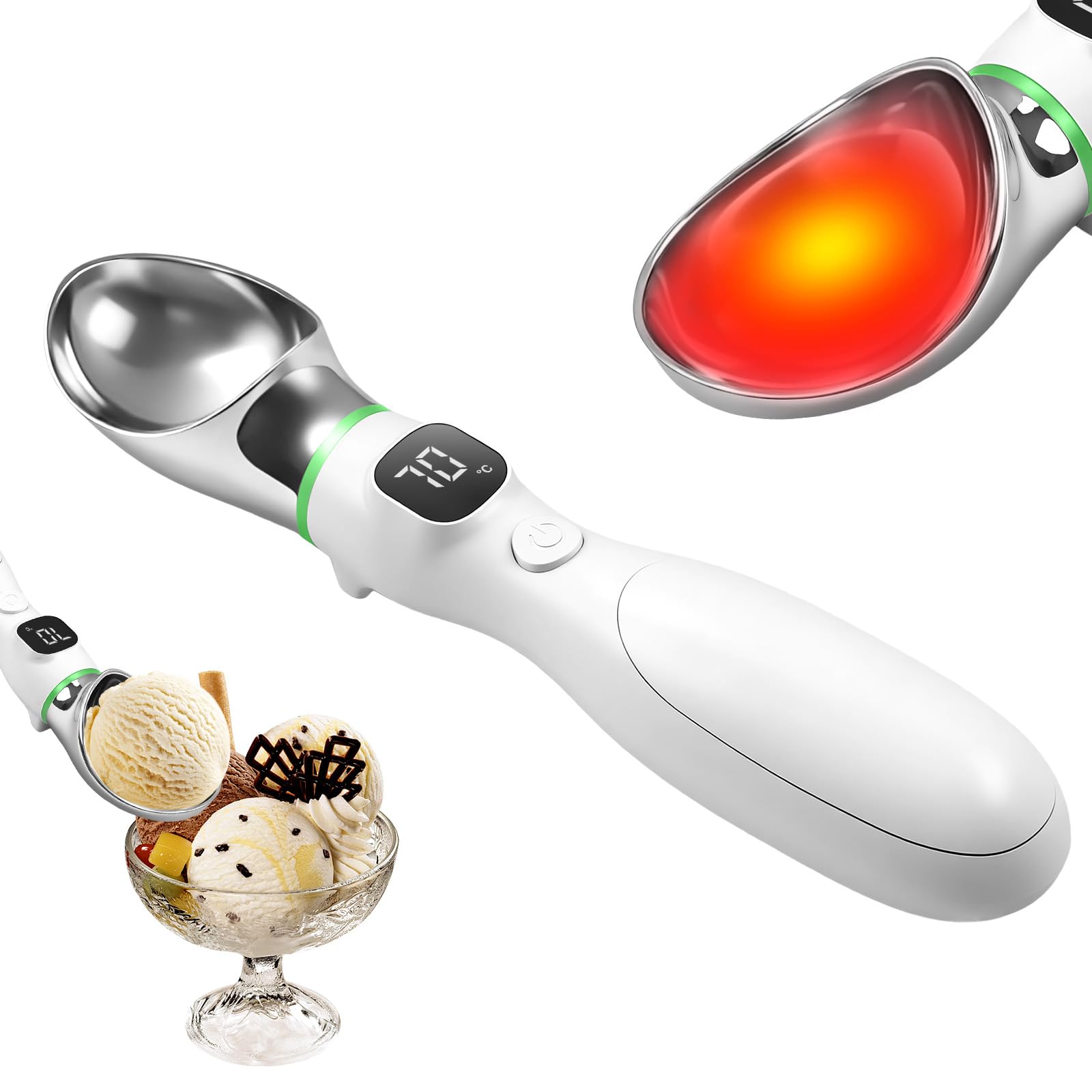 Cuillère à glace chauffante rechargeable, 4 000 mAh, avec affichage LED, 3 températures jusqu'à 70 °C, poignée ergonomique, cuillère étanche pour crème glacée dure (blanc)