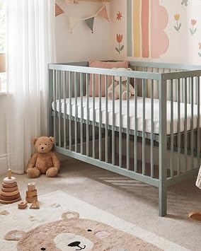 Mokee Mini Cot Bed Space Saving Cot - Wooden Crib with Adjustable Height - Converts to Toddler Bed - Scandinavian Design (Stone Teal)